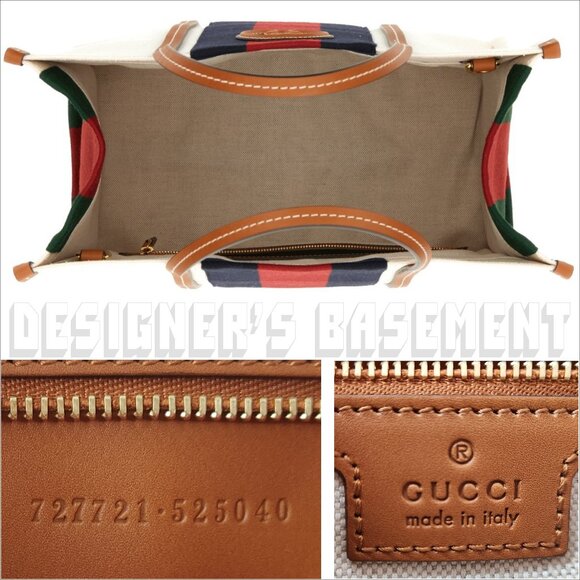 GUCCI white Canvas w/ cognac Leather Interlocking G WEB Medium Shopping Tote Bag - Picture 6 of 12